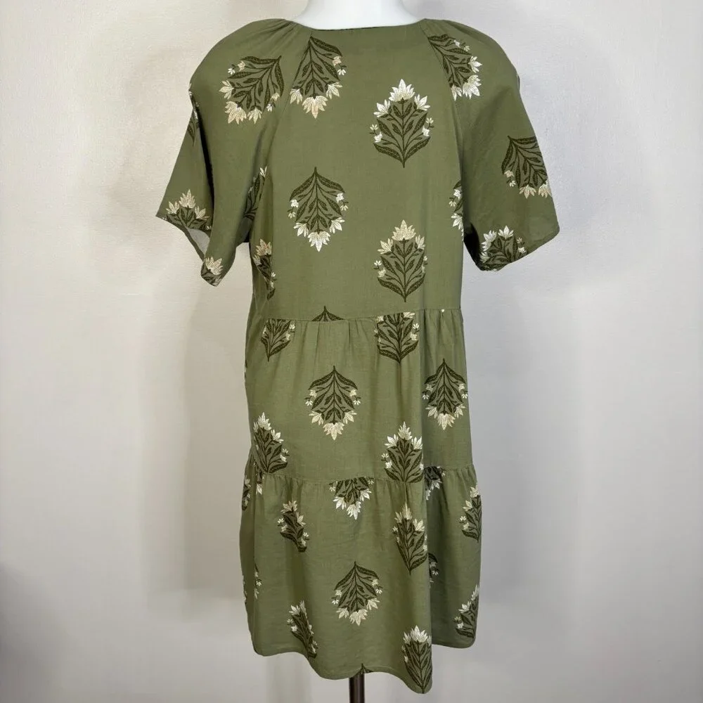 Old Navy Tiered Mini Swing Dress XS Olive Green Floral Short Sleeve V-Neck‎
